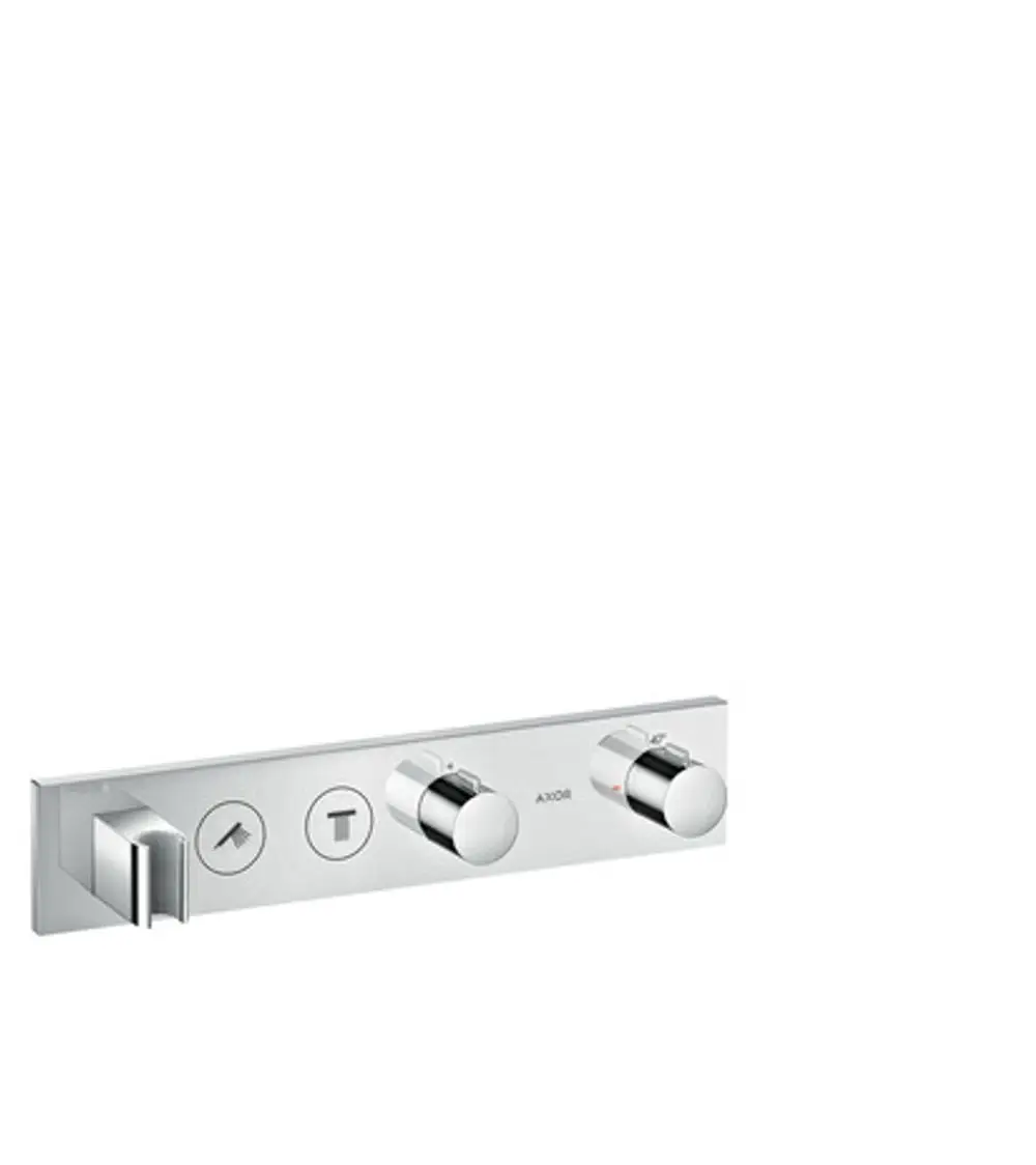 Thermostatmodul von AXOR zur Steuerung von zwei Wasserverbrauchern, mit zwei Drehreglern und einem Schalter, montiert auf einer rechteckigen Wandplatte in Chromfarbe.